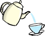 A teapot pouring water into a cup.